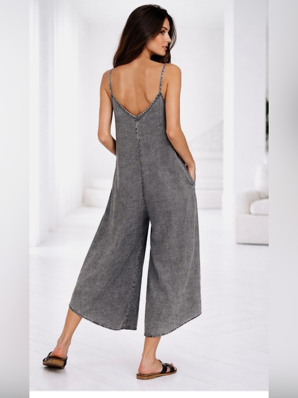 Zenana Acid-Washed Sleeveless Wide Leg Lounge Jumpsuit - Picture 3 of 3